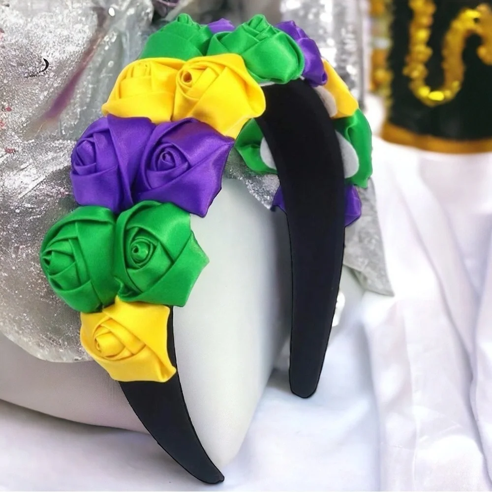 NEW Beaded Mardi Gras Headband, Purple Green Gold, Floral Headpiece, New Orleans